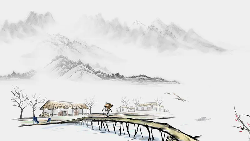 国画山峦村落放牛小桥流水古风ppt背景图