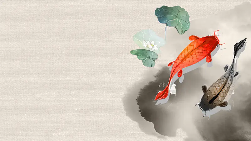 中国风荷塘锦鲤游鱼布纹质感ppt背景图